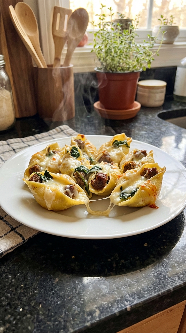 Cheesy Beef and Spinach Stuffed Shells